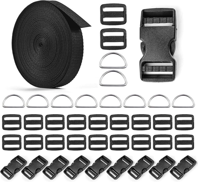 RNKP 3/4" Buckles and Straps Set: 10 Yards of Thick Nylon Webbing, 10-Pack Quick Side Release Adjustable Plastic Buckles, 20 Tri-Glide Slide Clips 10 Metal D Rings (3/4 Inch Combo Set) - Image 1